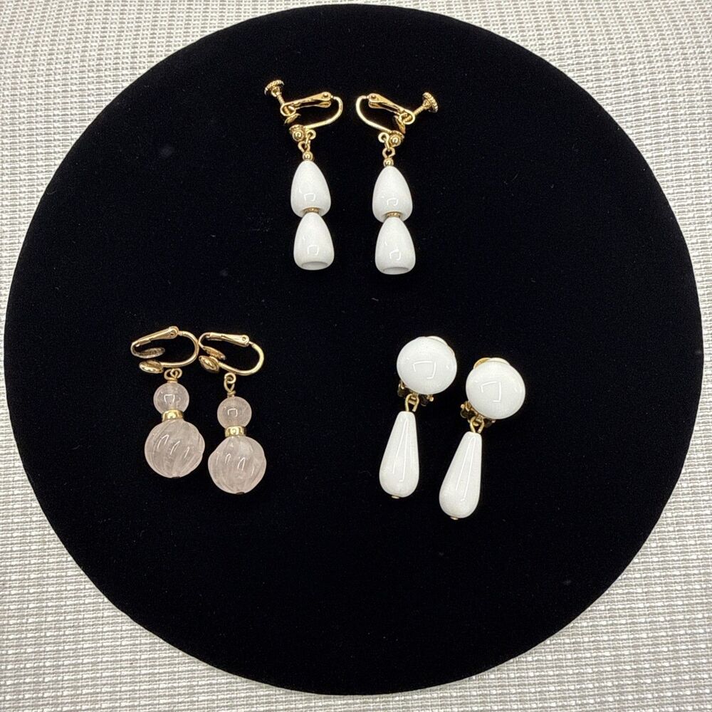 Vintage Napier 1960s White Lucite Double Drop Clip Earrings + 2 others  Lot of 3